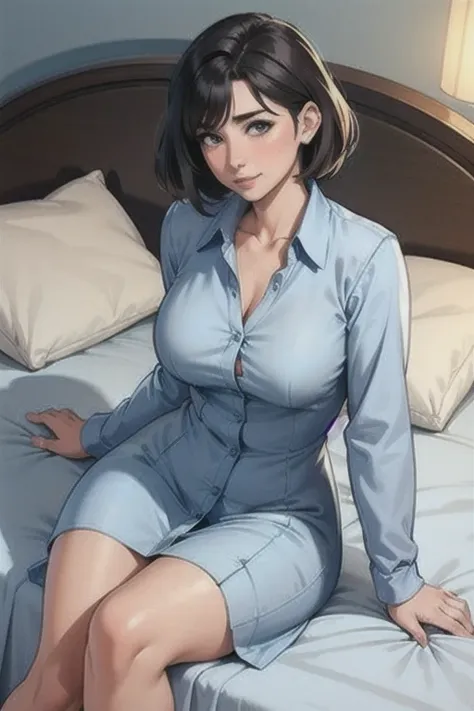 informal, (mature woman:1.4), (thick), Light blue long shirt dress with buttons and unbuttoned, ((Masterpiece:1.2)), ((best quality:1.2)), (neckline). lying on a bed (blushing)