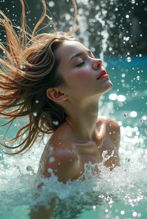 image of an 1 girl lifting her head quickly and her hair is thrown back and is wet raising water everywhere