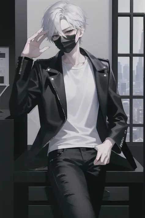 high quality,cool,fashonable,a young man,tall,slender,wear black mask,a little waving white hair,black eyes,white T-shirt,black leather jacket,damaged jeans,black leather shoes,working at clothes shop