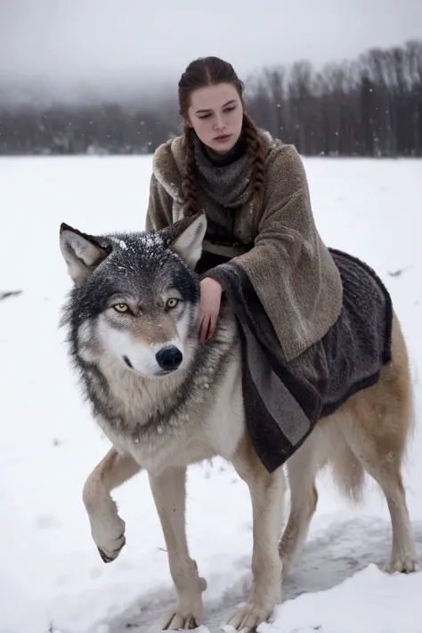 viking, walks across a snowy field with a dead wolf