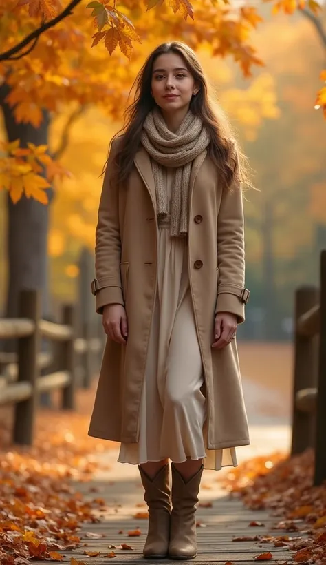 Highest quality、High resolution、Detailed Background、(Beautiful face in every detail:1.4)、20 year old beauty、Perfect body line、Smiling、Cowboy Shot、
As the cool autumn breeze blows、Pretty woman、Autumn leaves on wood々Standing against the backdrop of、
A soft m...