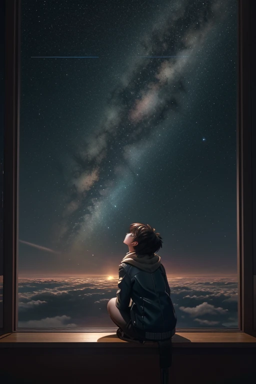 A woman sitting on a bookshelf, gazing up at the sky, inspired by the art style of Makoto Shinkai, trending on Pixiv, space art, Makoto Shinkai Cyril Roland, 4k anime background, 8k anime art wallpaper, 4k anime art background, 4k anime background, 4k anim...