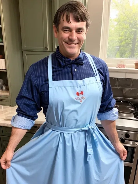 Partially edentulous middle-aged man, cosplaying as Alice in Wonderland. wearing Alice in Wonderland style sweet dress with apron. A dull face, but happy smile. 