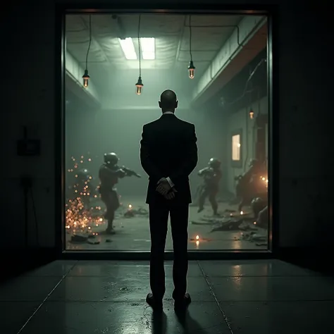 “A dark, mysterious room with the G-Man observing through a glass panel, inspired by Half-Life. The environment is minimalistic, with dim lighting casting long shadows. G-Man stands in a perfectly tailored black suit, with his hands folded in front of him,...