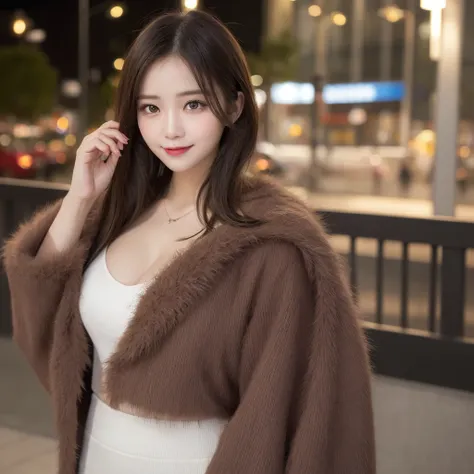 Tabletop, Highest quality, shape, Very detailed, finely, High resolution, 8k wallpaper, Perfect dynamic shape, Beautiful and beautiful eyes, The costume is a long fur coat1.5,Straight hair,Small breasts、Natural Color Lip, Bold sexy pose,smile、20-year-old g...