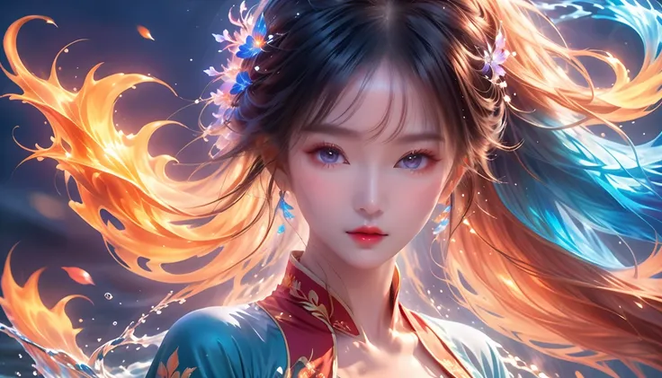 An Extraordinary Creation In 32K Resolution, Flawless Quality, Hyper-Detailed, Majestic Digital Artwork, Radiant And Aesthetic, Unparalleled Highres 32K Digital Art, Graceful Flow, Mesmerizing Designs. A Girl Embodied With Fire And Water In Her Hair, Magic...