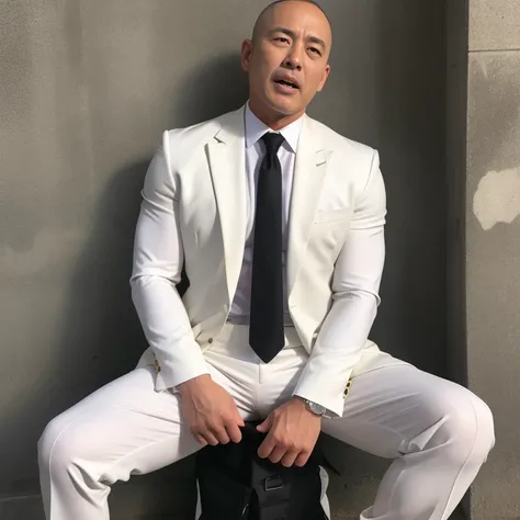 50 years old、father、Combatant、Raid、White Suit、Black tie、Mountain hut。Spread your legs、Leaning against the wall、Muscular, ,Buzz cut、。薄毛のfather、Stubble、Asian Face　　Swelling in the crotch area of your trousers　The groin area is swollen、View from below　Upper b...