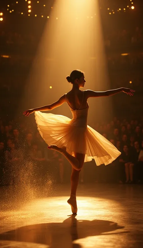 A ballerina poised on one leg, her arms elegantly outstretched, performing a pirouette on a beautifully lit stage. The stage floor reflects her movement, and golden dust swirls around her as she dances, evoking a sense of magic. The audience is in shadow, ...