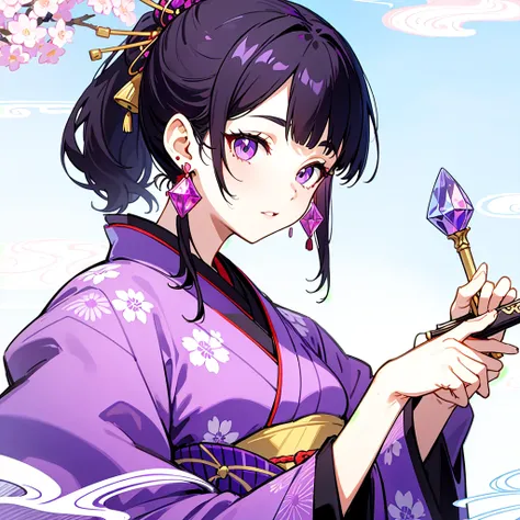 
Masterpiece、Best Quality、One Woman、Purple kimono with red patterns、Holding a sword、ponytail、Black Hair、Upper Body、Crystal Earrings、Japanese Accessories、Illustration
