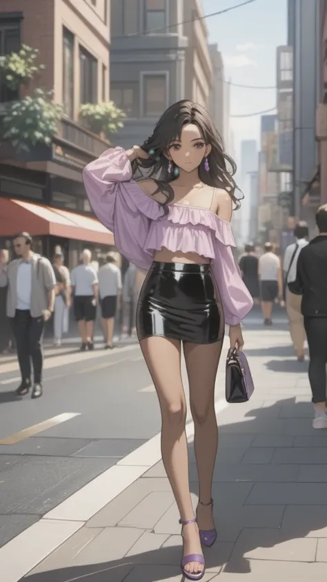 (((Adult transgender woman)): (very short black leather miniskirt, pink lace top off shoulders, Black eyes, showing the whole body, small breasts, Dark skin, brown skin, ((Black wavy hair)), ((High heel  metalic purple sandals). Closed mouth )); full body ...