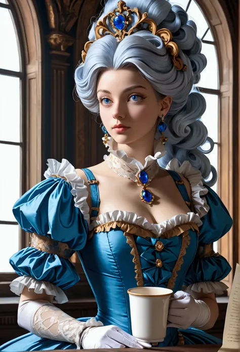 arafed woman in a blue dress holding a paper and a cup, rococo cyberpunk, rococo queen, rococo style portrait, dress in the style of rococo, rococo portrait, rococo style, 1 8 th century style, rococo fashion, in a high renaissance style, # rococo, rococo,...