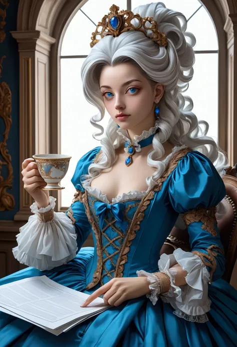 arafed woman in a blue dress holding a paper and a cup, rococo cyberpunk, rococo queen, rococo style portrait, dress in the style of rococo, rococo portrait, rococo style, 1 8 th century style, rococo fashion, in a high renaissance style, # rococo, rococo,...