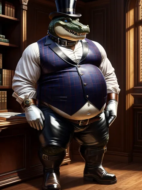 Crocodile, thick brown leather collar, leather collar around the neck, white rubber gloves on hands and feet, wearing white spats on feet, white fancy spats on feet, fancy white spats on feet, fat, bulging belly, large belly, collared shirt under plaid swe...