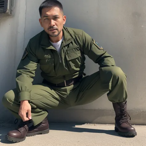 40 years old、father、Combatant、Raid、Dark green uniform、Military boots、Mountain hut。Spread your legs、Leaning against the wall、, ,Buzz cut、。薄毛のfather、Stubble、Asian Face　　Swelling in the crotch area of your trousers　The groin area is swollen、View from below　Up...