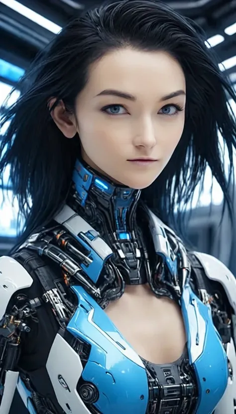 woman, Mechanical Blue Body ，Best Quality, masterpiece 8k,Futuristic spaceship interior，サイバーブルースーツを着たwoman，Black Hair，blue eyes，Shortcuts, Best Quality, High resolution, , blue eyes, 