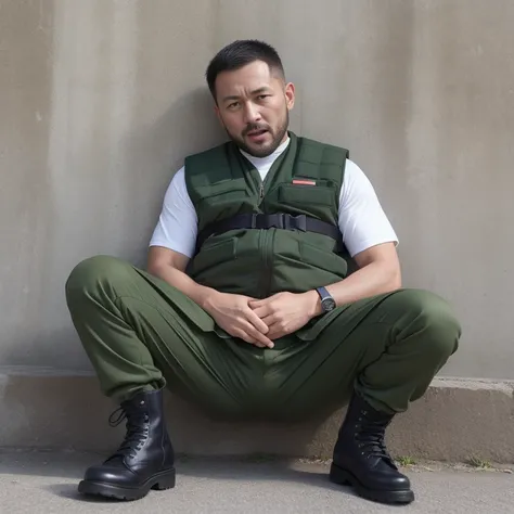 40 years old、father、Combatant、Raid、Dark green uniform、Military boots、Mountain hut。Spread your legs、Leaning against the wall、, ,Buzz cut、。薄毛のfather、Stubble、Asian Face　　Swelling in the crotch area of your trousers　The groin area is swollen、View from below　Up...