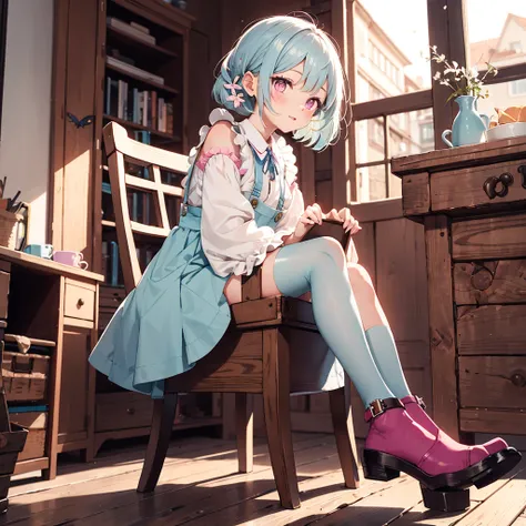 A cute girl with light blue butterfly haircut and side bang as well pastel pink eyes wearing knee-length puffed sleeve dress with a pinafore worn over the top and ankle-strap shoes while sit on wood chair in house  have mid size chest and petite