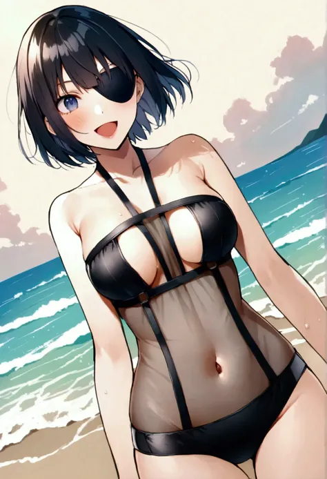 score_9, score_8_up, score_7_up, source_anime, kibami saejima, short hair, black hair, medium breasts, eyepatch, bangs, lipstick, black lipstick,, gris swimsuit, see-through one-piece swimsuit, strapless one-piece swimsuit, double verticle stripe, highleg ...