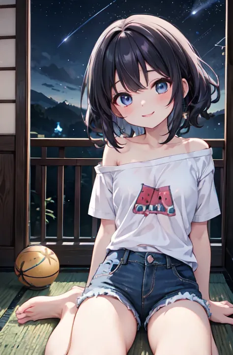 CG, Unity, 8k, wallpaper, highest quality,sunlight、Perfect lighting、 masterpiece, haruka amami, (smile: 1.2), 1 high school girl、Black Hair、Curly Hair、Blue Eyes、Dense lips、Sit on the veranda, Black T-shirt、Off the shoulder、 BREAK denim shorts, barefoot, Th...