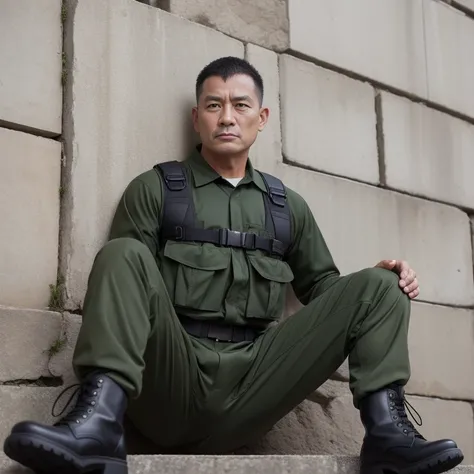 Age 35、father、Combatant、Raid、Dark green uniform、Military boots、Mountain hut。Spread your legs、Leaning against the wall、, ,Buzz cut、。薄毛のfather、Stubble、Asian Face　　Swelling in the crotch area of your trousers　The groin area is swollen、View from below　Upper bo...