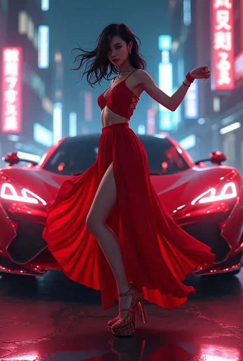 a woman in a red outfit is dancing in front of a car, anime style 4 k, digital cyberpunk anime art, badass anime 8 k, digital cyberpunk - anime art, anime style. 8k, anime cyberpunk art, wallpaper 4k, anime wallpaper 4 k, 4k anime wallpaper, art deco outru...