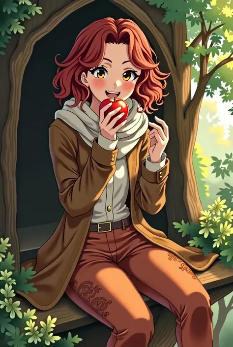 anime, medieval era, woman, curly hair,  20 years, tree house background, brown coat, orange pants with earth details, white scarf around the neck, use 1 bow, centered face, laughing face, kindness, homely, black eyes, red hair,  eating apple, on top of th...