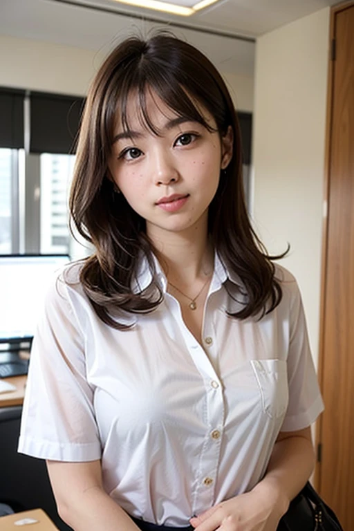 ((Best Quality)), ((masterpiece)), (detailed), One Woman,Age 22,cute,Small breasts,Marunouchi Office Lady,shirt,Brown Hair