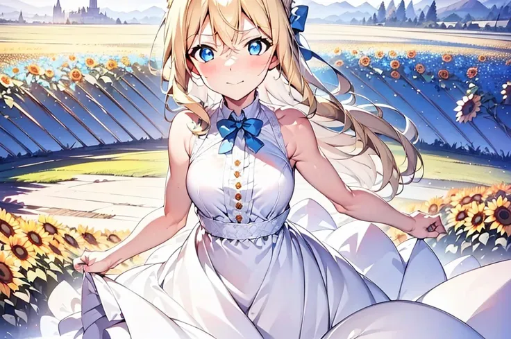 insanely detailed, absurdres, ultra-highres, ultra-detailed, best quality,
1girl, solo,  qhly, blonde hair, blue eyes, garden, roses, sunflowers, no breasts, no emotions, hands on the back, white and blue dress, 
