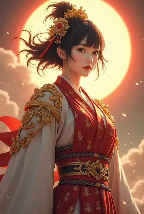 Lotus flower　天照大御god　Gold-based red and white costume　Short Hair　Golden decoration　god々Shii　Black Hair　No exposed skin　Powerful　High image quality