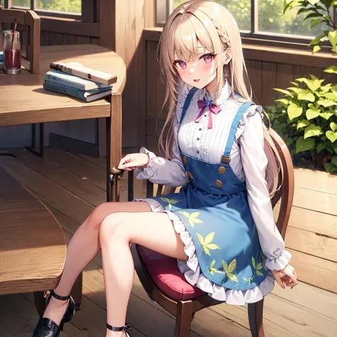 A cute girl with light pastel blue long butterfly hairstyles and side bang as well pastel pink eyes wearing knee-length puffed sleeve dress with a pinafore worn over the top and ankle-strap shoes while sit on wood chair in house at side window have mid siz...