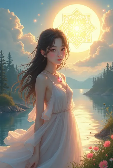 1 girl, happy expression, charming eyes, straight long hair, flowing skirt, big, looking at the sun, calm posture, porcelain-like skin, subtle blush, crystal pendant BREAK Golden Hour, (edge lighting): 1.2, cool colors, sun flare, soft shadows, bright colo...