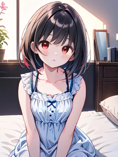 ((masterpiece+best quality+high resolution+illustration1.3+ultra 8k)), 1girl, ((detailed body)) ((attractive face)) ((long nose)) ((long facial structure)) (sharp eyes) ((red eyes)) ,soft skin, indoor, sitting on the bed, looking at viewer, night dress gir...