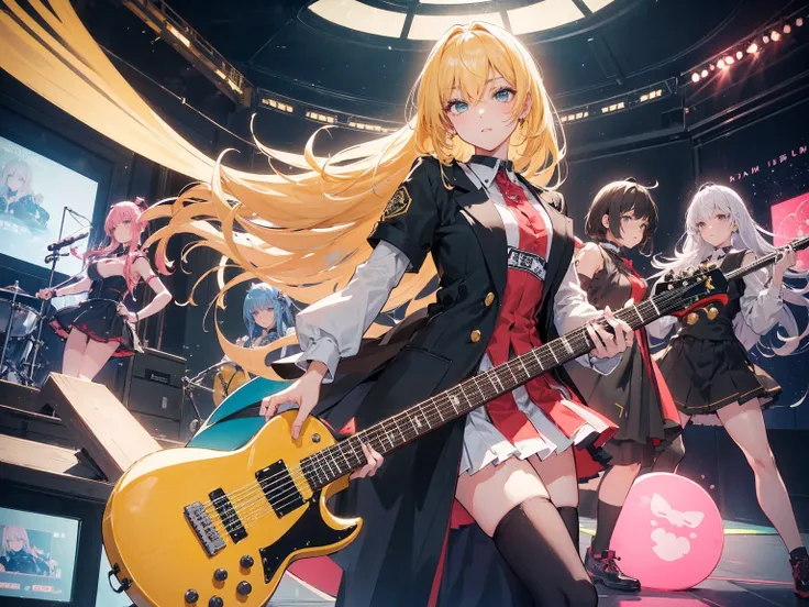 ( Perfectly Correct Anatomy ) 、Girls Rock Band, 4 members: vocal, guitar, bus, drum, ((masterpiece of the highest quality, Best image quality, High resolution, Realistic, RAW Photos, Highly detailed CG uniform 8K wallpaper)), (Huge and amazing goddess shot...