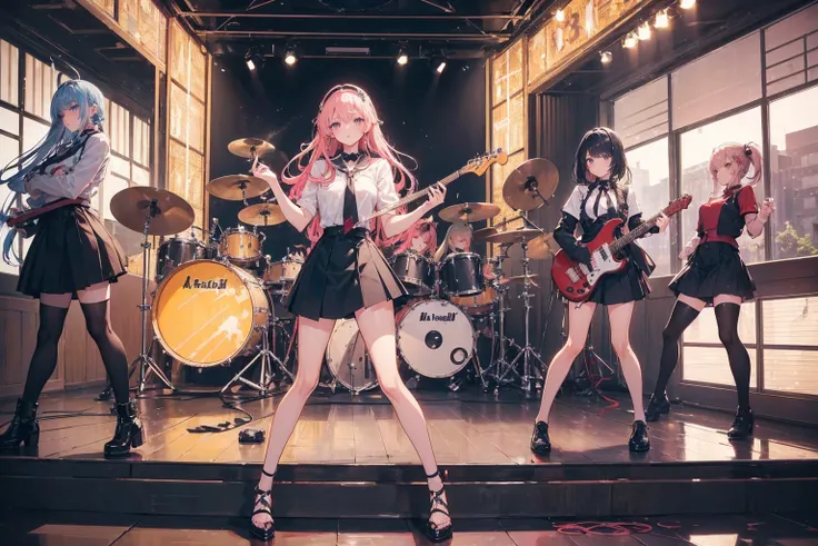 ( perfectly correct anatomy ) 、girls rock band, 4 members: vocal, guitar, bus, drum, ((masterpiece of the highest quality, best ...