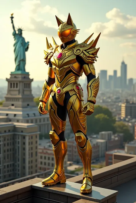 Kamen Rider。Golden costume、This costume is、Inspired by Japanese wolves.。He is standing on top of a building with London in the background、Standing here facing。&#39;Statue of Liberty in the background