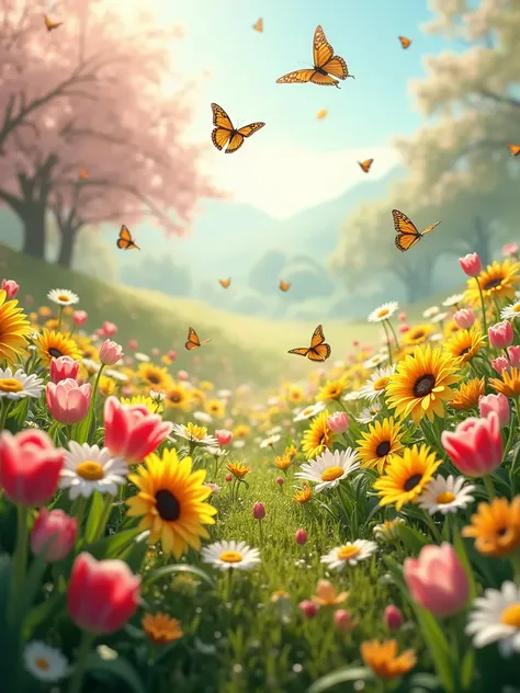 "Create an ultra-realistic, incredibly detailed image that captures the essence of spring. The scene should be a flower field, with a variety of flowers in full bloom, like tulips, daisies, and sunflowers, all with vibrant colors and delicate petals. Small...