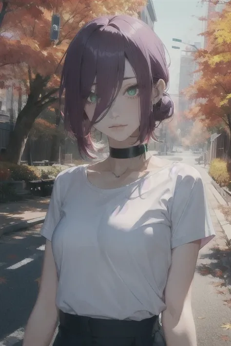 (Best Quality)、(Best Quality)、cut、Chainsaw Man、cute、(Choker).Emerald Eyes、Her hair is purple、Short Bob、Beautiful night view、whole body、detailed、強力なdetailed、cut、((Autumn outfit)).