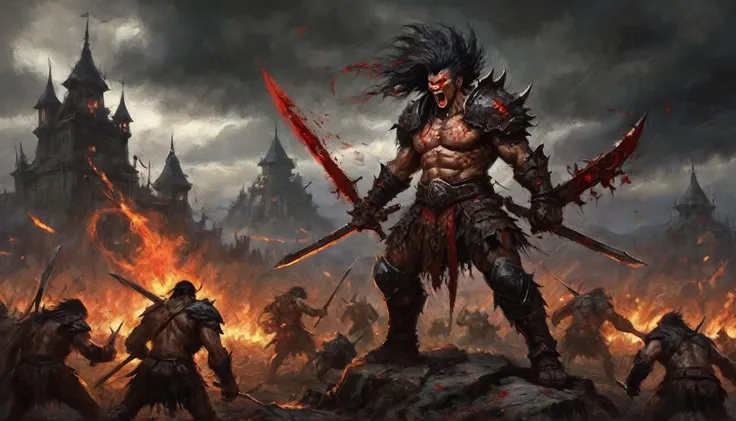 (anime,horror,dark fantasy,war)evil group of Vrockwing Bakemono,bloodthirsty barbarian ragers,studded leather scrapped together armor,2-handed weapons,cruel red eyes,sharp fangs,bloody battle scars,distorted faces,ripped muscles,raging flames,bloody splatt...