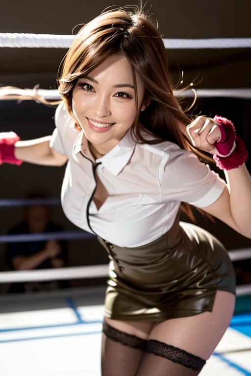 beautiful woman, active attacking dynamic pose, quick rush attacking motion, attack to me, perfect body, big breasts, office-lady blouse skirt stockings, fingerless gloves, light brown hair, mischievous smirk, closer, depth of field, at fight ring, POV