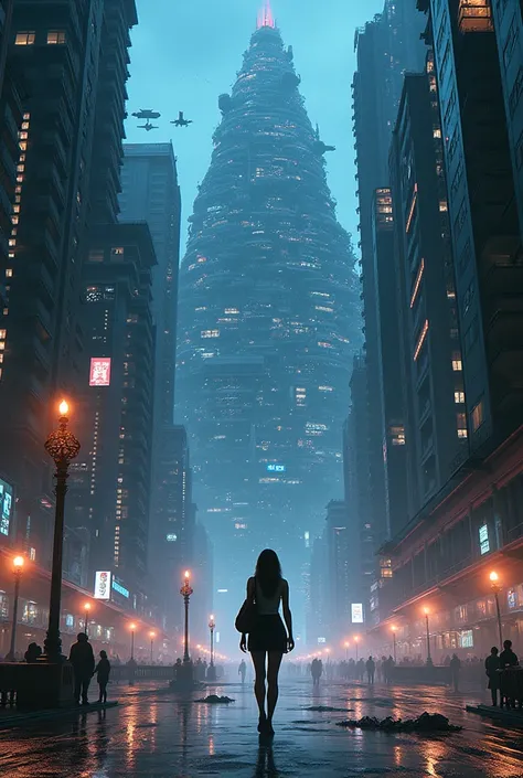 image with street view of a 20 year old woman walking on the street in the center of an ultra futuristic city at night with huge buildings with lights in the hundreds of apartments in the building, It has a huge, wide pyramid with thousands of apartments b...