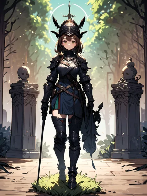 (((masterpiece, best quality, high detailed, 16k))) (1girl) A powerful, grounded female warrior with long, flowing brown hair, her emerald eyes reflecting her connection to nature. Her heavy armor is made of stone and moss, intricately designed with bull m...