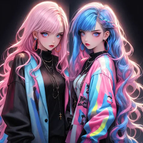 1girl,(((Best Quality、Masterpiece、The best dynamic composition、High definition、Super detailed)))、Rainbow Style, Long Hair, Watching the audience, Glowing eyes background, jewelry, Mouth closed, jacket, Pink hair on upper body, Earrings, Royal blue eyes, ne...