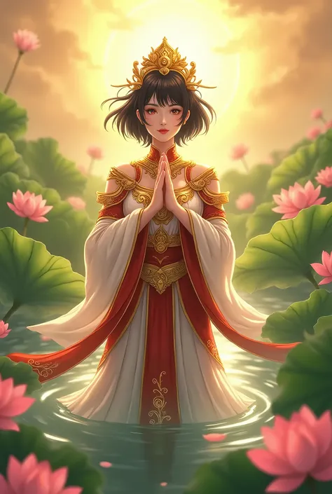 Many lotus flowers in the background　天照大御god　Shining Sun　A woman around 2　Gold, red and white costume　Short hairstyle with bangs　Golden decoration　god々Shii　Black Hair　No exposed skin　Powerful　Place your hands together in front of your chest.　High image qua...