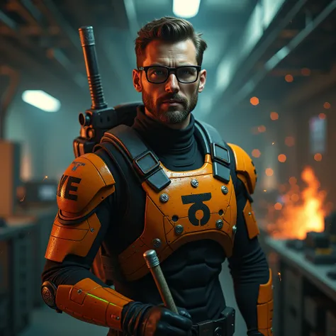 a highly detailed character portrait of gordon freeman, the iconic protagonist from half-life, wearing his signature hev suit with the lambda symbol prominently displayed on his chest, the suit is a futuristic armor with metallic orange and black accents, ...