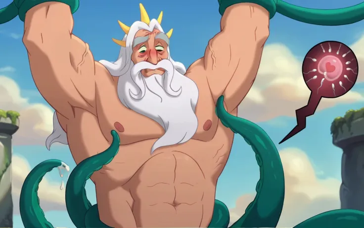 king triton from disney, one old man human (70 years old, long white beard and long white mustache, white hair, wrinkled face, o...