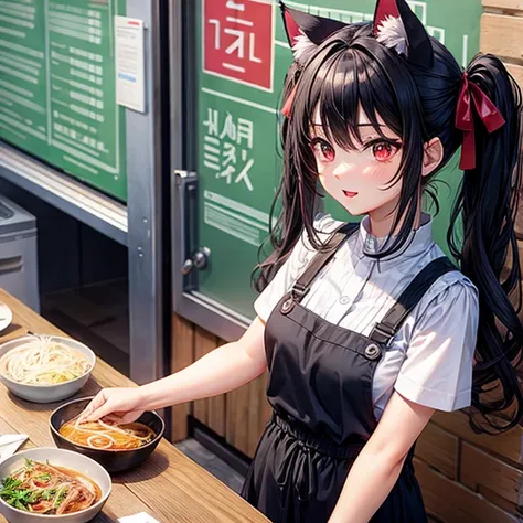 Cat ears　Red eyes　Ramen shop　apron　Black Hair　Twin tails