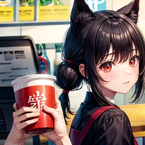 Cat ears　Red eyes　Ramen shop　apron　Black Hair　Twin tails