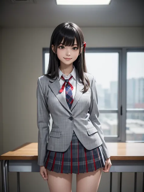 (8k, RAW Photos, Best Quality), Standing in a school classroom, (((((((One woman))))))), ((Black Hair)), ((Short semi-long hair)), (Asymmetrical bangs), ((Detailed eyes)), ((A happy smile)), ((Long, slender legs)), ((Red ribbon tie)), (((Light grey closed ...