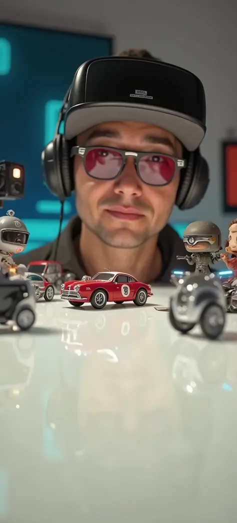 man surrounded by custom racing cars, collectible figures, and RC cars, wearing a gaming headset and holding a high-tech camera, with gears and technological gadgets scattered around him, against a dimly lit, neon-lit background with flashing screens and f...