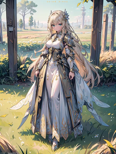 (((masterpiece, best quality, high detailed, 16k))) (1girl) A calm and composed female warrior with long, flowing blonde hair and piercing green eyes. Her armor is light and elegant, made of silver and white, with intricate patterns resembling the harvest ...